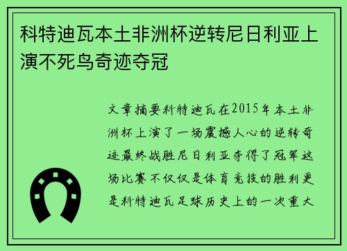 科特迪瓦本土非洲杯逆转尼日利亚上演不死鸟奇迹夺冠