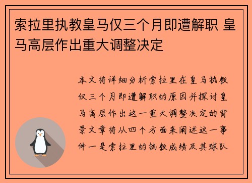 索拉里执教皇马仅三个月即遭解职 皇马高层作出重大调整决定